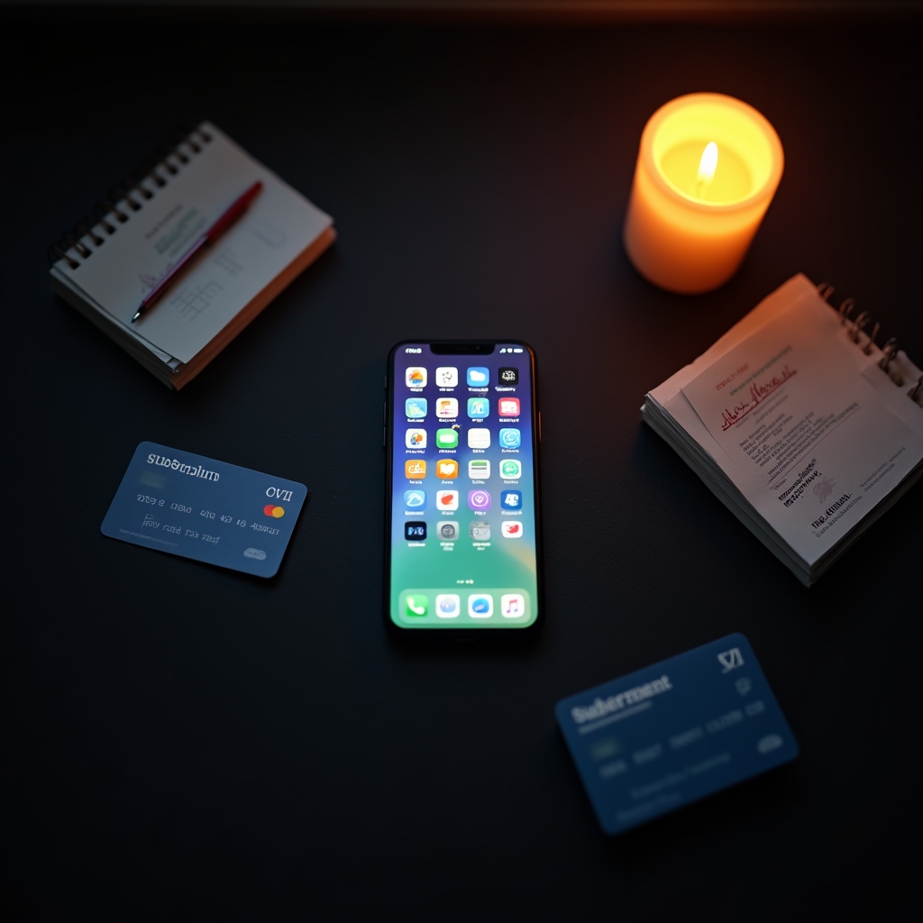 Smartfon z otwartymi aplikacjami subskrypcyjnymi i kartą kredytową obok